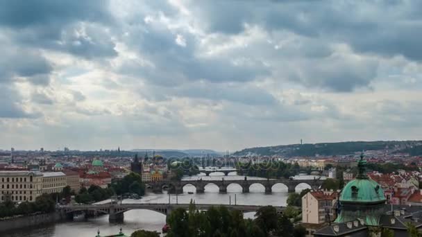 Bruggen van Praag, met inbegrip van de beroemde Karelsbrug over de rivier Vitava Tsjechië Europa — Stockvideo