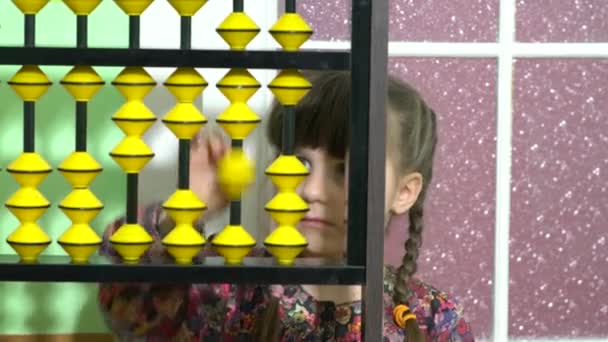 Cute Little Girl Counting Abacus Home Close — Stock Video