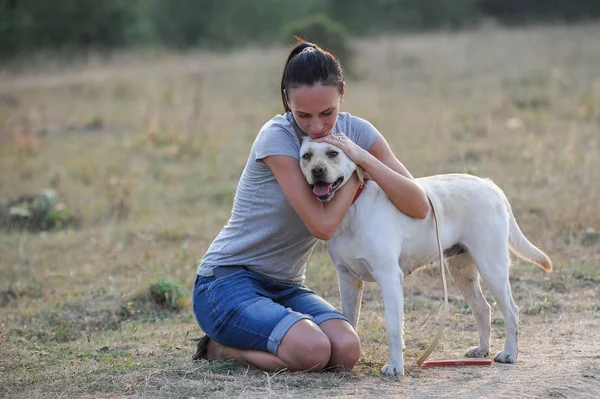 Yang Schöne Frau Posiert Mit Hund — Stockfoto