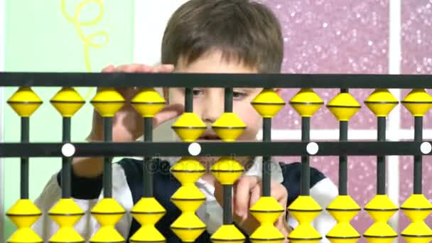 Happy Kid Playing Abacus Toy Kindergarten Adorable Smart Child Learning — Stock Video