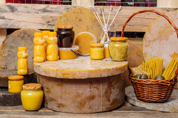 Various bee products - honey, honey with wax and propolis. Products of livelihoods of bees. Wax. Cells. Honey.Beekeeping.