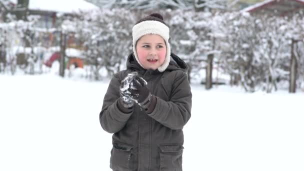 Хлопчик Теплому Пальто Розважається Красивому Зимовому Місці Сніжками — стокове відео