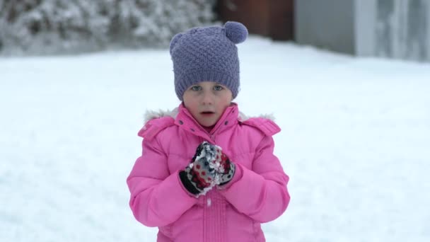 Portrait Little Toddler Girl Winter Clothes Falling Snow Ball — Stock Video