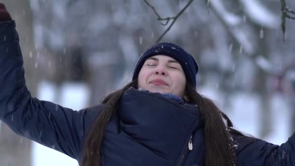 冬天画像的一个美丽的女人在针织粉红色的屑 手套和帽子与雪片在蓝色背景下的降雪 — 图库视频影像