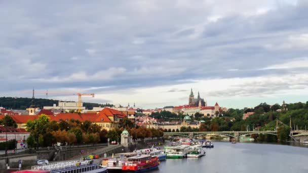 プラハ カレル橋の背景にヴルタヴァ川の遊覧船でプラハ チェコ議員は 2017The カレル橋観光の動きタイムラプス川に沿ってクルーズします — ストック動画