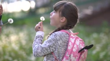 Yaz hayalim. Küçük liseli kız yeşil alanda karahindiba ile oynuyor..