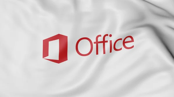 Primo piano della bandiera sventolante con il logo di Microsoft Office, rendering 3D — Foto Stock