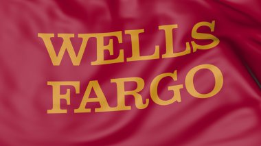 Close up of waving flag with Wells Fargo logo, 3D rendering clipart