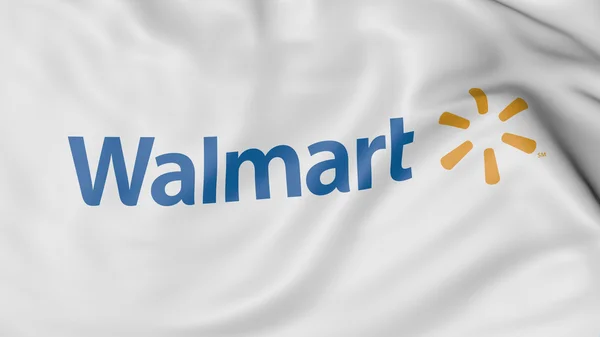 Fechar a bandeira acenando com o logotipo Walmart, renderização 3D — Fotografia de Stock