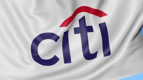 Close up of waving flag with Citigroup logo, seamless loop, blue background. Editorial animation. 4K ProRes, alpha — Stock Video