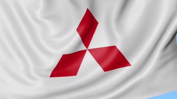 Close up of waving flag with Mitsubishi logo, seamless loop, blue background. Editorial animation. 4K ProRes, alpha — Stock Video