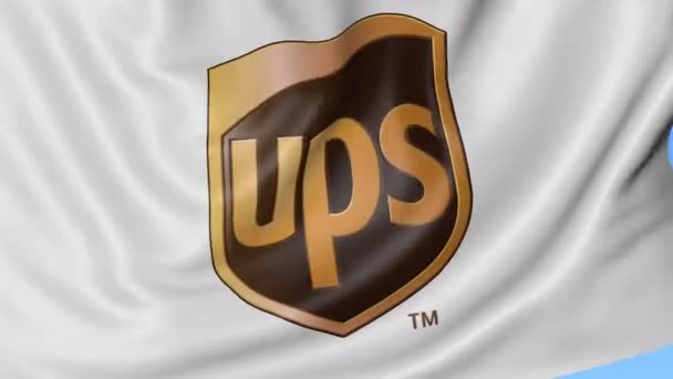Primer plano de la bandera ondeante con el logotipo de United Parcel Service UPS, lazo sin costuras, fondo azul. Animación editorial. 4K ProRes, alfa — Vídeo de stock