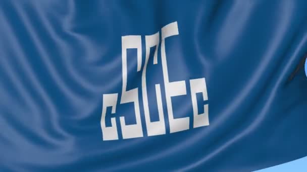 中国国家建設エンジニア リング (株) Cscec ロゴ、シームレス ループ、青色の背景色の旗を振ってのクローズ アップ。編集アニメーション。4 k Prores、アルファ — ストック動画