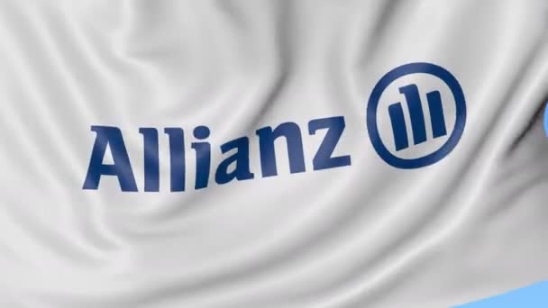 Primo piano della bandiera sventolante con logo Allianz, anello senza cuciture, sfondo blu. Animazione editoriale. 4K ProRes, alfa — Video Stock