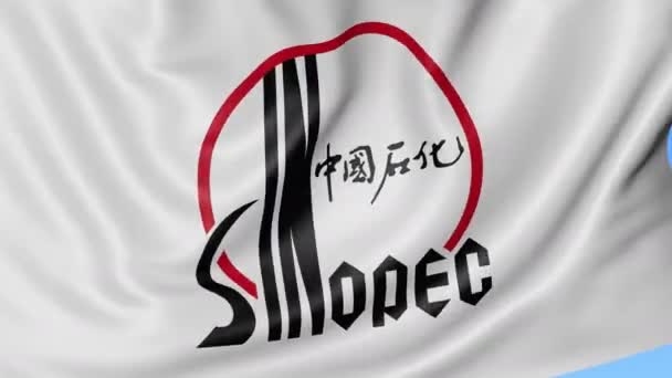 Primo piano della bandiera sventolante con logo Sinopec, anello senza cuciture, sfondo blu. Animazione editoriale. 4K ProRes, alfa — Video Stock