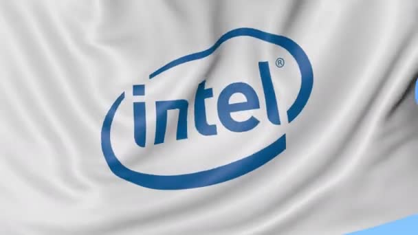 Закрываем воском флаг с логотипом корпорации Intel, безseamloop, синий фон. Редакционная анимация. 4K ProRes, альфа — стоковое видео