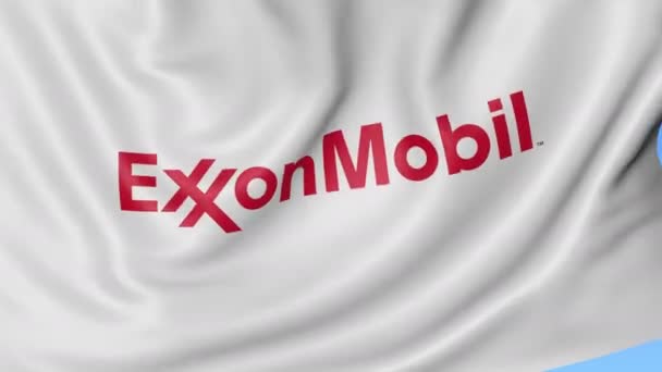 Zbliżenie macha flagą z Exxonmobil logo, Płynna pętla, niebieskie tło. Redakcji animacji. 4 k Prores, alfa — Wideo stockowe