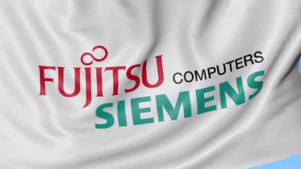 Gros plan du drapeau ondulé avec le logo Fujitsu Siemens Computers, boucle transparente, fond bleu. Animation éditoriale. ProRes 4K, alpha — Video