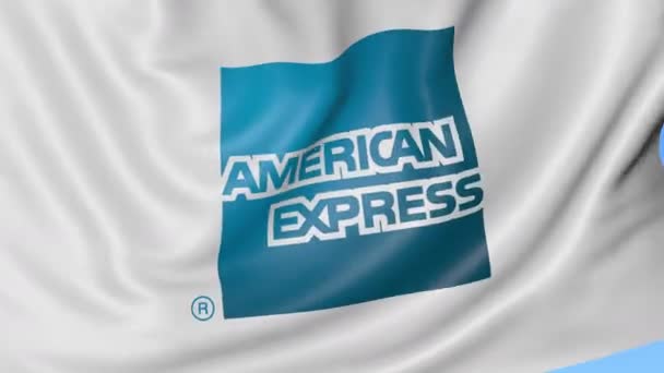 Zbliżenie macha flagą z American Express logo, Płynna pętla, niebieskie tło. Redakcji animacji. 4 k Prores, alfa — Wideo stockowe