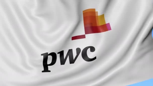 Gros plan du drapeau ondulé avec logo PricewaterhouseCoopers PwC, boucle transparente, fond bleu. Animation éditoriale. ProRes 4K, alpha — Video