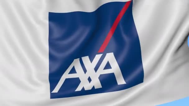 Primer plano de la bandera ondeante con el logotipo de AXA, lazo sin costuras, fondo azul. Animación editorial. 4K ProRes, alfa — Vídeo de stock
