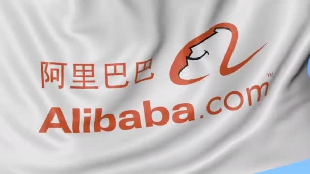 Закрываем восковой флаг с логотипом Alibaba.com, безseamloop, синим фоном. Редакционная анимация. 4K ProRes, альфа — стоковое видео