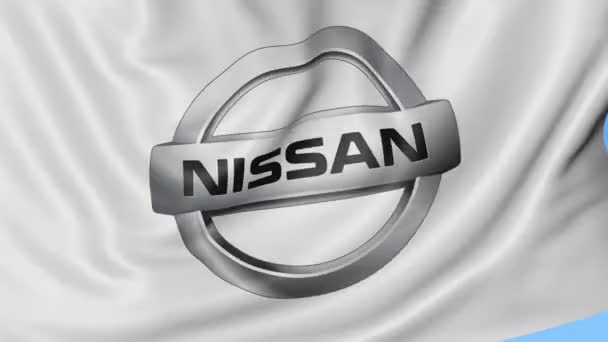 Закрываем воском флаг с логотипом Nissan, безseamloop, синий фон. Редакционная анимация. 4K ProRes, альфа — стоковое видео