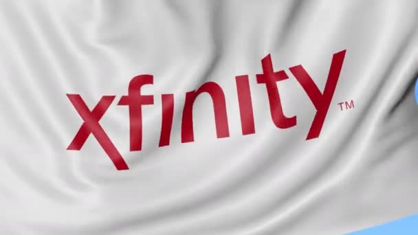 Κοντινό πλάνο της κουνώντας τη σημαία Xfinity λογότυπο, αδιάλειπτη βρόχο, μπλε φόντο. Σύνταξης κινούμενα σχέδια. 4 k Prores, alpha — Αρχείο Βίντεο