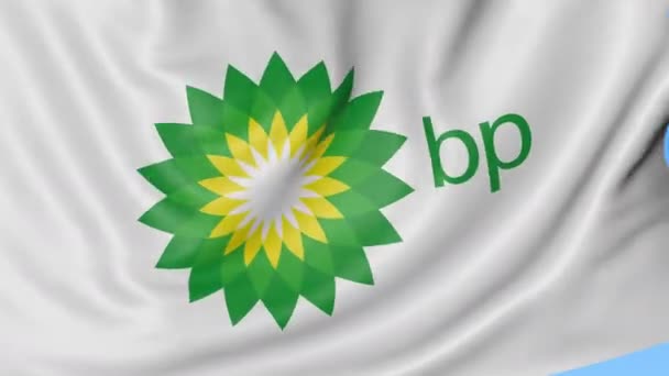 Закрываем воском флаг с логотипом BP, безseamloop, синим фоном. Редакционная анимация. 4K ProRes, альфа — стоковое видео