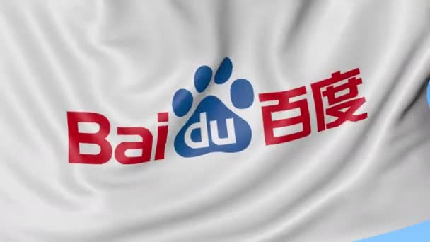 Κοντινό πλάνο της κυματίζει σημαία με λογότυπο Baidu, αδιάλειπτη βρόχο, μπλε φόντο. Σύνταξης κινούμενα σχέδια. 4 k Prores, alpha — Αρχείο Βίντεο
