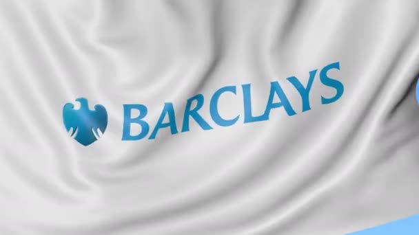 Закрыть волнистый флаг с логотипом Barclays, безseamloop, синий фон. Редакционная анимация. 4K ProRes, альфа — стоковое видео