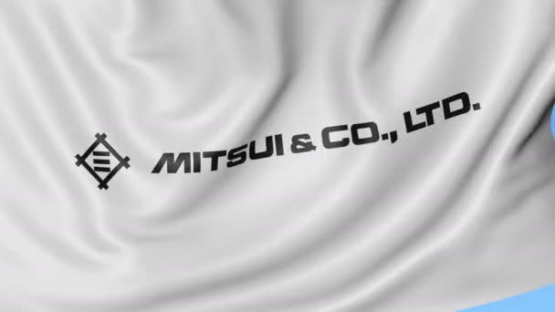 Закрыть восковой флаг с логотипом Mitsui и Co., безseamless loop, синий фон. Редакционная анимация. 4K ProRes, альфа — стоковое видео