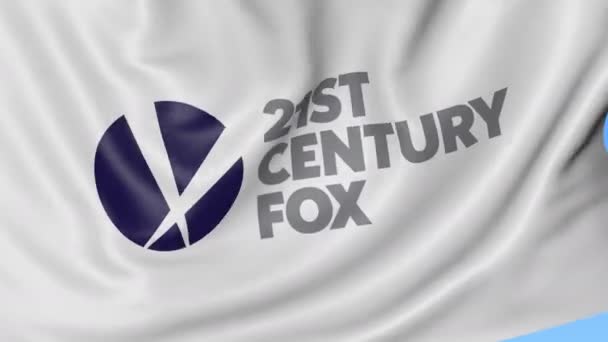 Primer plano de la bandera ondeante con el logotipo de 21st Century Fox, lazo sin costuras, fondo azul. Animación editorial. 4K ProRes, alfa — Vídeo de stock