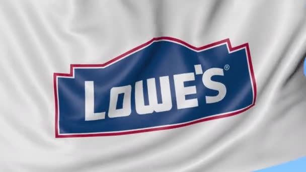 Close up of waving flag with Lowes logo, seamless loop, blue background. Editorial animation. 4K ProRes, alpha — Stock Video