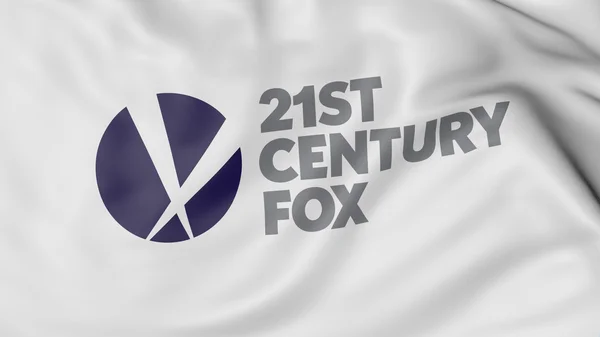Primo piano della bandiera sventolante con logo 21st Century Fox, rendering 3D — Foto Stock