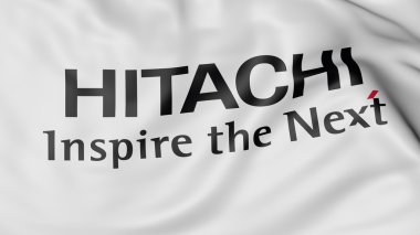Close up of waving flag with Hitachi logo, 3D rendering clipart