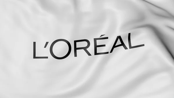 Fechar a bandeira ondulando com logotipo LOreal, renderização 3D — Fotografia de Stock