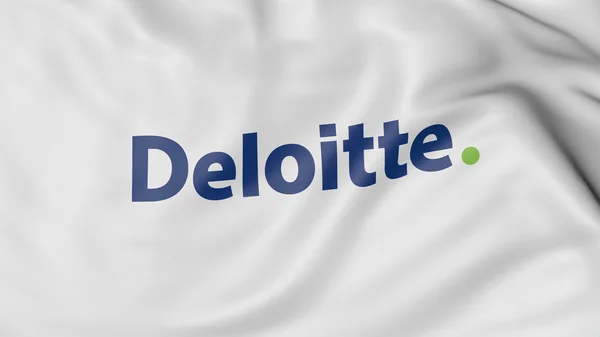 Fechar a bandeira ondulando com logotipo Deloitte, renderização 3D — Fotografia de Stock