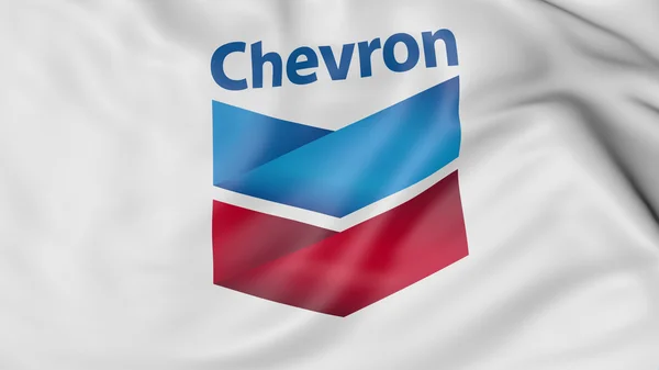 Primo piano della bandiera sventolante con logo Chevron Corporation, rendering 3D — Foto Stock