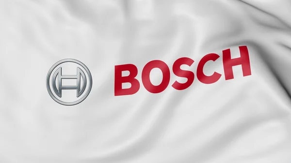 Primer plano de la bandera ondeante con el logotipo de Robert Bosch GmbH, representación 3D —  Fotos de Stock