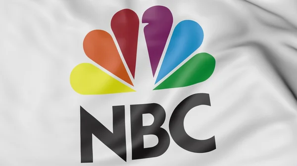 Primer plano de la bandera ondeante con el logotipo de National Broadcasting Company NBC, representación 3D — Foto de Stock