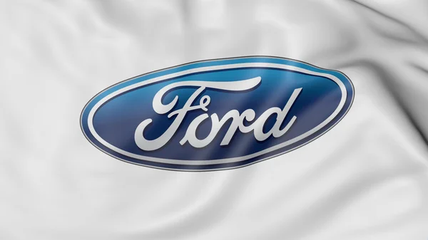 Primer plano de la bandera ondeante con el logotipo de Ford Motor Company, representación 3D — Foto de Stock