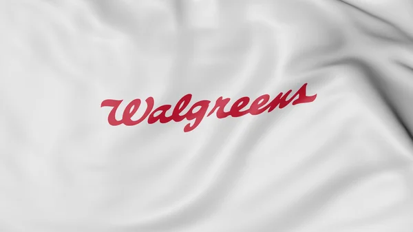 Primo piano della bandiera sventolante con logo Walgreens, rendering 3D — Foto Stock