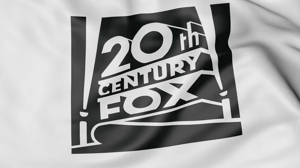 Primer plano de la bandera ondeante con el logotipo de Twentieth Century Fox Film Corporation, representación 3D — Foto de Stock