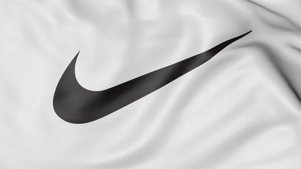 Zblízka mávání vlajky s logem Nike, 3d vykreslování Swoosh. — Stock fotografie