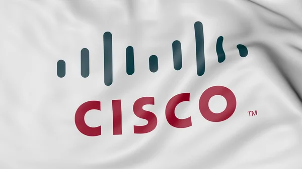 Închiderea steagului fluturând cu logo-ul Cisco Systems, redare 3D — Fotografie, imagine de stoc