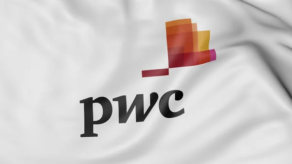 Närbild av viftande flagga med PricewaterhouseCoopers PwC logotyp, 3D-rendering — Stockfoto