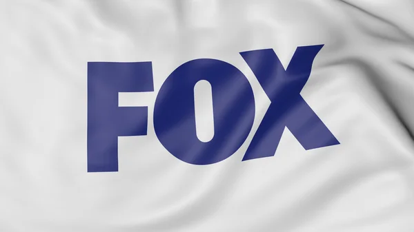 Primer plano de la bandera ondeante con el logotipo de Fox Broadcasting Company, representación 3D — Foto de Stock