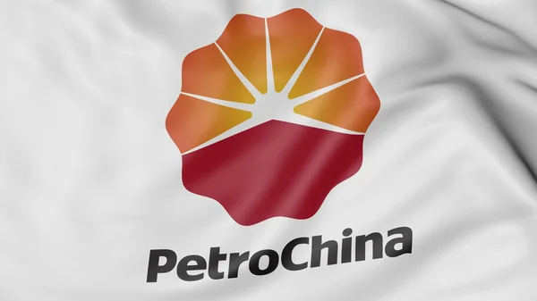 Primo piano della bandiera sventolante con logo PetroChina, rendering 3D — Foto Stock