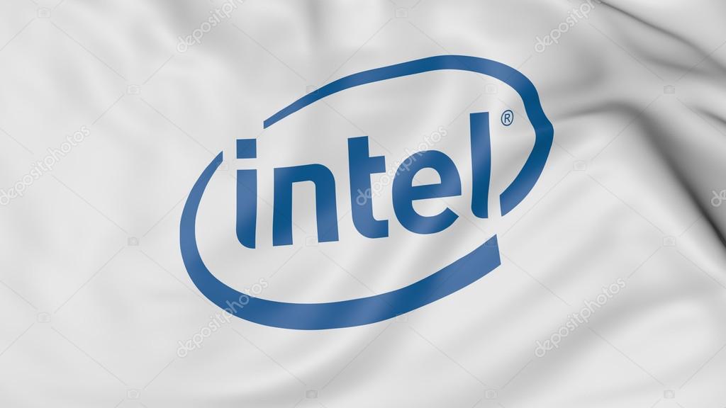 Close up of waving flag with Intel logo, United States